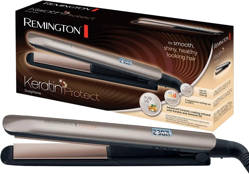 Remington ▫️ Alisador de cabelo Keratin Protect, queratina e óleo de amêndoa, placas flutuantes extralongas, resultados profissionais, cerâmica, 9 níveis de temperatura até 230 °C, digital, cor castanha, S8540