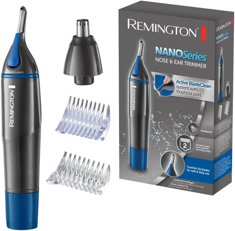 Remington ▫️ Aparador de Pêlos do Nariz e das Orelhas Série Nano - Aparador de Pêlos do Nariz, das Orelhas e das Sobrancelhas, Aparador Vertical, Cabeça de Corte Rotativa, 2 Pentes, Resistente à Água - NE3850