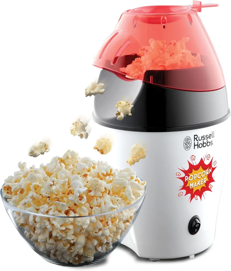 Russell Hobbs ▫️ Máquina de pipocas Fiesta - Pipocas caseiras, sem gordura nem óleo, capacidade para 12 chávenas, inclui colher de medida, tampa removível, 1200 W, branco e vermelho - 24630-56