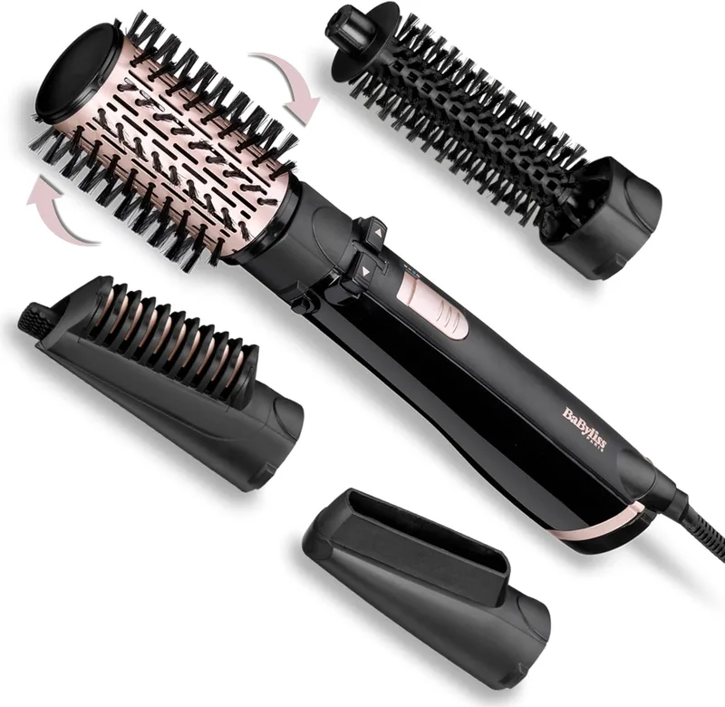 BaByliss ▫️ Secador, alisador e modelador - Escova rotativa de ar, modelador iónico com 4 acessórios, escova volumizadora, escova secadora de cabelo, preto, AS200E