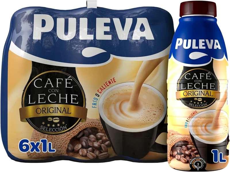Puleva ▫️ Café Original com Leite, Pronto a Beber, Mistura de Café Arábica e Robusta, Beber Quente ou Frio, Rico em Vitaminas A e D, Embalagem 6 x 1 Litro