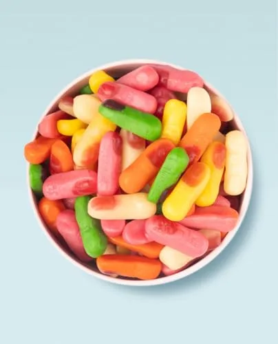 Vidal ▫️ Golosinas. Mini Dedos com sabor a framboesa. Cores variadas: branco, amarelo, laranja, verde e rosa. Saco de 1 kg. 4