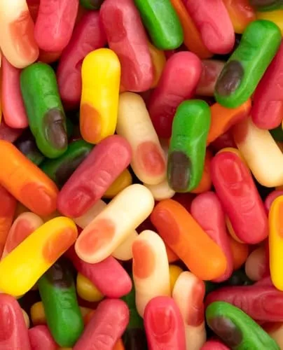 Vidal ▫️ Golosinas. Mini Dedos com sabor a framboesa. Cores variadas: branco, amarelo, laranja, verde e rosa. Saco de 1 kg. 5