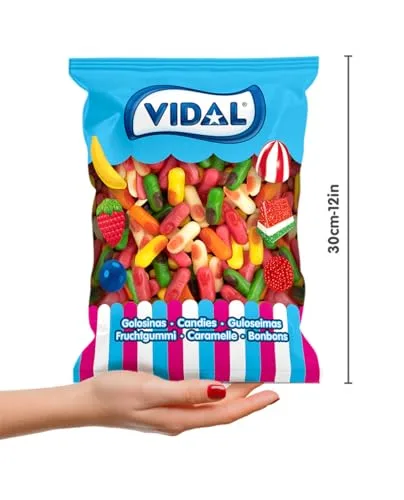 Vidal ▫️ Golosinas. Mini Dedos com sabor a framboesa. Cores variadas: branco, amarelo, laranja, verde e rosa. Saco de 1 kg. 6
