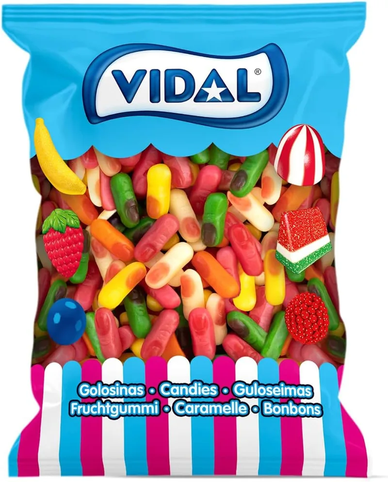 Vidal ▫️ Golosinas. Mini Dedos com sabor a framboesa. Cores variadas: branco, amarelo, laranja, verde e rosa. Saco de 1 kg.