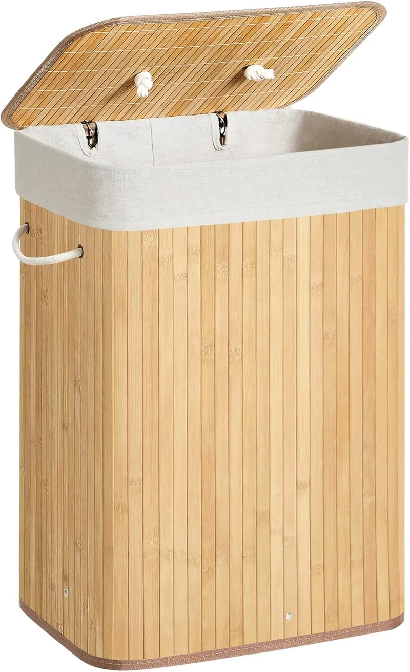 SONGMICS ▫️ Cesto para roupa suja com tampa, 72 L, cesto para roupa suja em bambu, dobrável, com saco para roupa suja amovível, pegas, roupa suja, quarto, natural LCB10Y