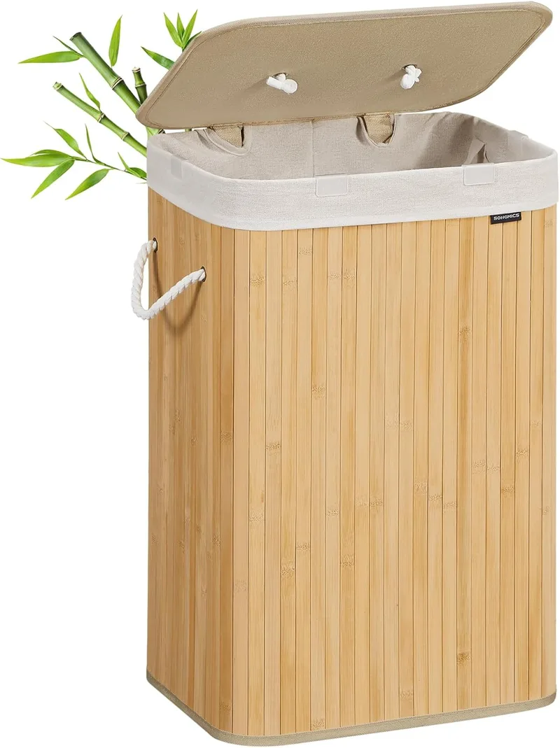 SONGMICS ▫️ Cesto para roupa suja com tampa, 72 L, cesto de lavandaria em bambu, dobrável, com saco lavável removível, alças, para lavandaria, quarto, natural LCB10Y