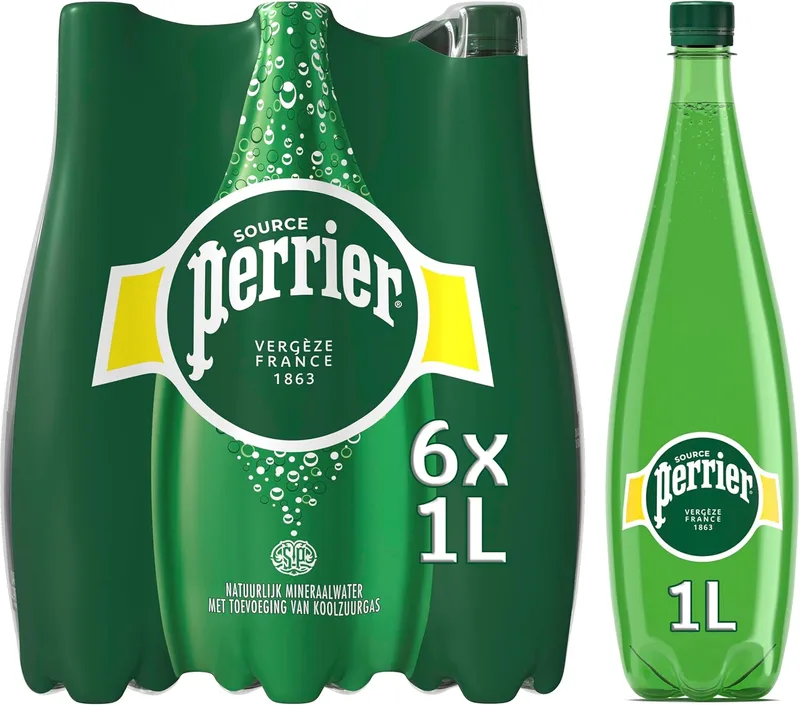 Perrier ▫️ Água Mineral Natural com Gás - Embalagem de 6 garrafas de plástico de 1 L - Total: 6 L