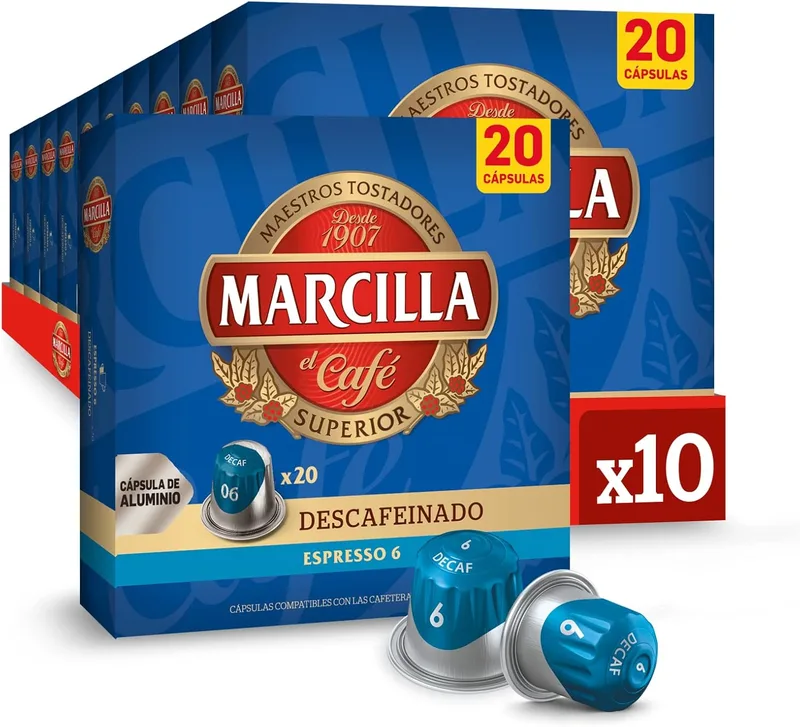 Marcilla ▫️ Cápsulas de Café Descafeinado | Intensidade 6 | 200 Cápsulas Compatíveis com Nespresso (R)