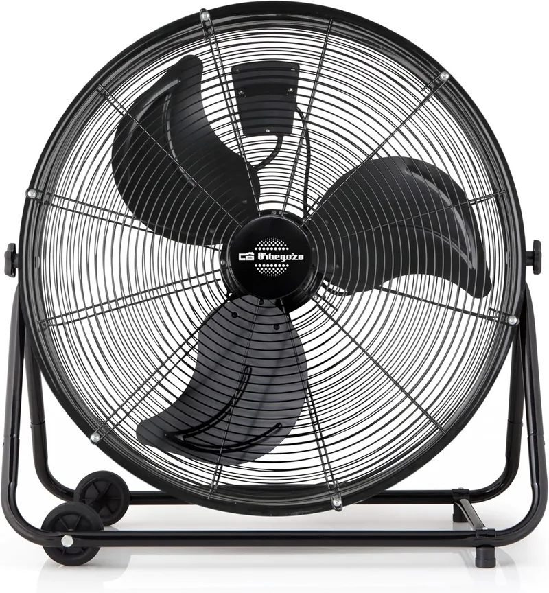 Orbegozo ▫️ Ventilador industrial Pwt 3075, cabeça basculante, lâminas metálicas de 75 cm, ventilação a 3 velocidades, rodas de transporte, 200 W, metal