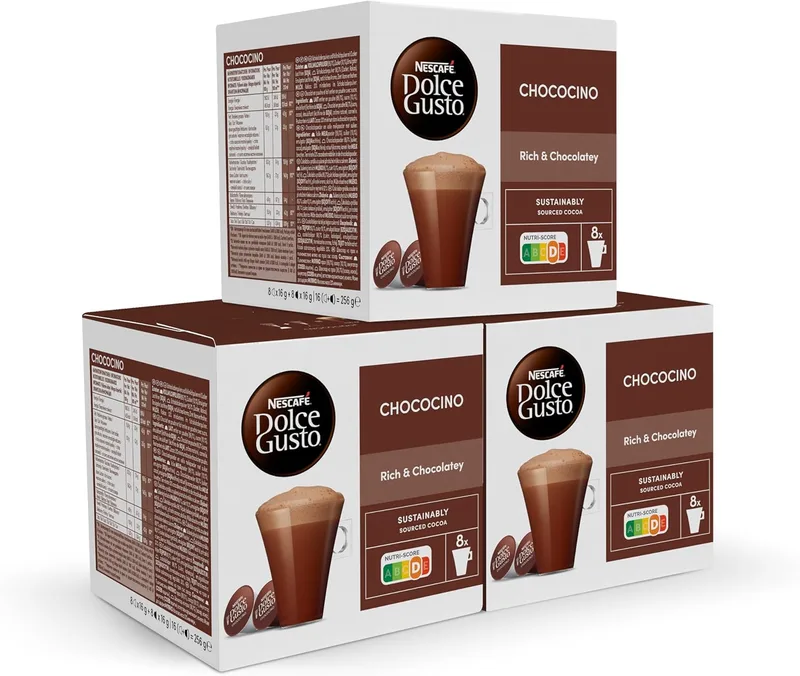 Nescafé Dolce Gusto ▫️ Chococino - Cápsulas de café, 48 cápsulas (3x16) - 24 chávenas de café (2 cápsulas por chávena) - Bebida de chocolate - Original para máquinas de café Dolce Gusto