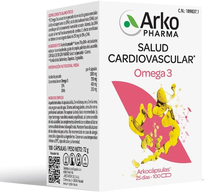 Arkopharma ▫️ Arkocápsulas Omega 3 100 Cápsulas, Funcionamento normal do coração e do cérebro, Cuidados cardiovasculares, Suplemento alimentar