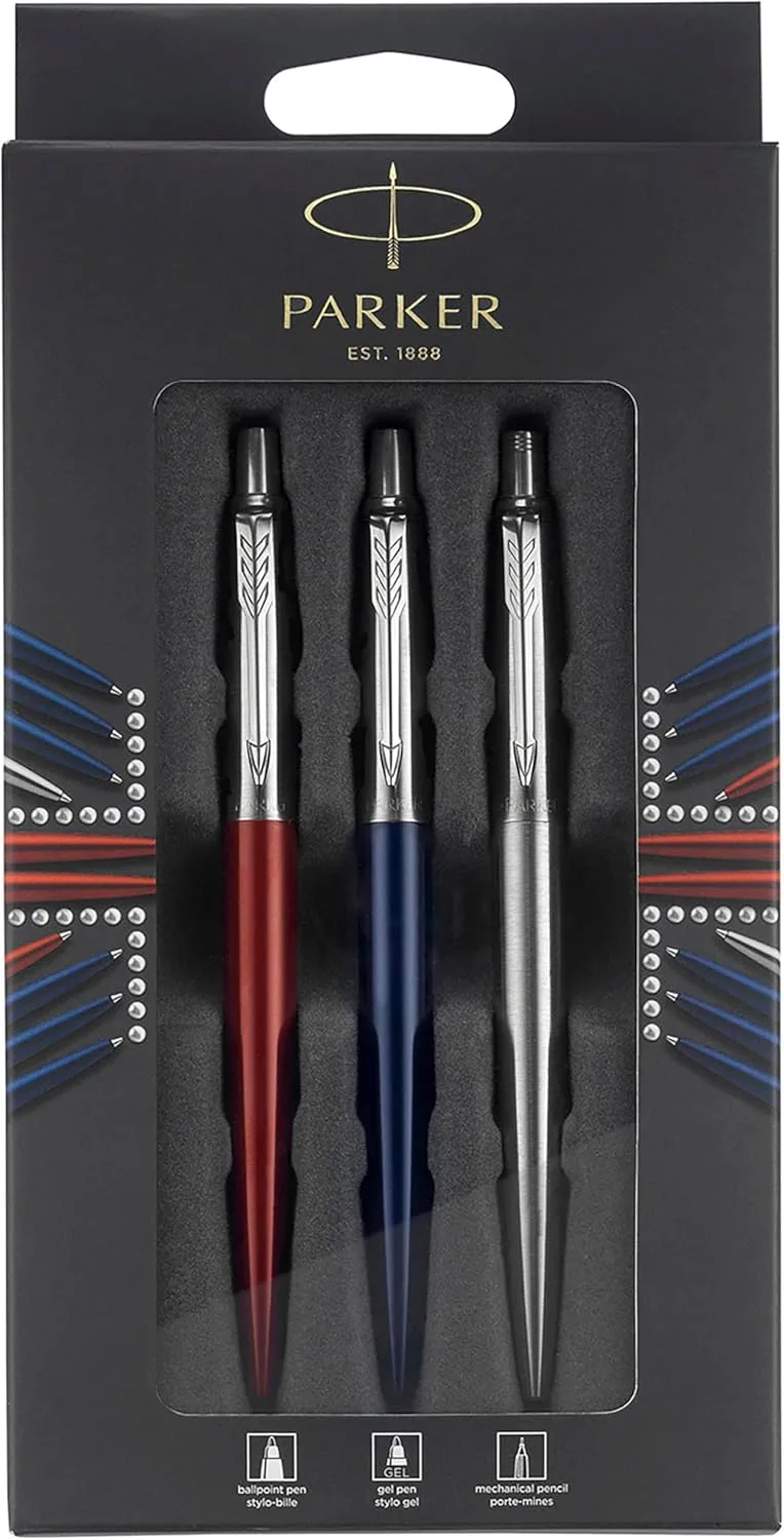 PARKER ▫️ Conjunto Trio Discovery Jotter London: caneta esferográfica azul Royal, caneta de gel vermelha Kensington e porta-minas em aço inoxidável