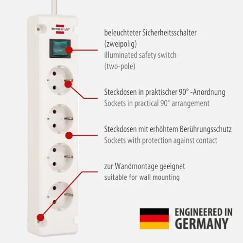 Brennenstuhl ▫️ Bremounta - régua de tomadas com 4 tomadas para instalação e fixação (cabo de 1,5 m, montável, com interruptor) Branco 2