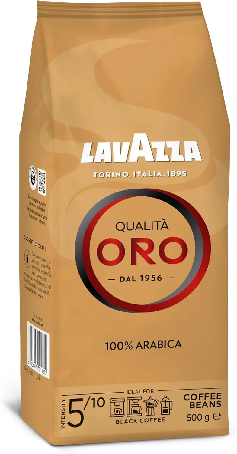 Lavazza ▫️ Qualità Oro, Café em grão natural, ideal para a máquina de café expresso, com notas aromáticas de frutos e flores, 100% arábica, intensidade 5, torrefação média, embalagem de 500 g