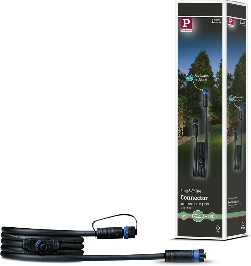 Paulmann ▫️ 93926 Conector exterior Plug & Shine 2 m 1in-2out IP68 2x1,5 mm² 93926 Cabo de extensão, cabo de ligação, iluminação exterior, Preto
