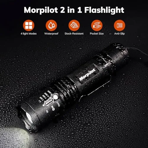 Morpilot ▫️ Lanterna Tática e UV 2 em 1, Lanterna LED 5000 LM, Lanterna Militar, Luz UV com 4 modos, Zoom IN/OUT, 395 nm, Alumínio, Anticaída, Impermeável IPX4, 3 pilhas incluídas 2
