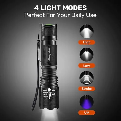 Morpilot ▫️ Lanterna Tática e UV 2 em 1, Lanterna LED 5000 LM, Lanterna Militar, Luz UV com 4 modos, Zoom IN/OUT, 395 nm, Alumínio, Anticaída, Impermeável IPX4, 3 pilhas incluídas 3