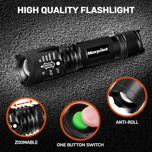 Morpilot ▫️ Lanterna Tática e UV 2 em 1, Lanterna LED 5000 LM, Lanterna Militar, Luz UV com 4 modos, Zoom IN/OUT, 395 nm, Alumínio, Anticaída, Impermeável IPX4, 3 pilhas incluídas 5