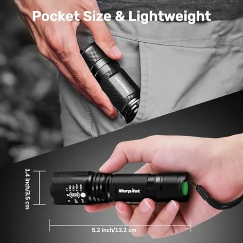 Morpilot ▫️ Lanterna Tática e UV 2 em 1, Lanterna LED 5000 LM, Lanterna Militar, Luz UV com 4 modos, Zoom IN/OUT, 395 nm, Alumínio, Anticaída, Impermeável IPX4, 3 pilhas incluídas 6