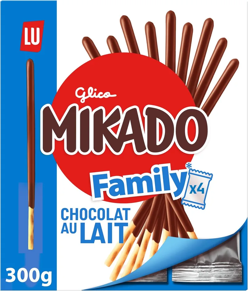 Mikado ▫️ LU, palitos de biscoito crocantes, revestidos a chocolate de leite, embalagem familiar de 300 gr.