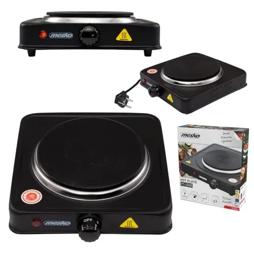 Mesko ▫️ MS 6508 MS-6508 Fogão elétrico, regulador de temperatura, compacto, para viagens e campismo, 154 mm, 1000 W, preto, 1000 W, alumínio 7