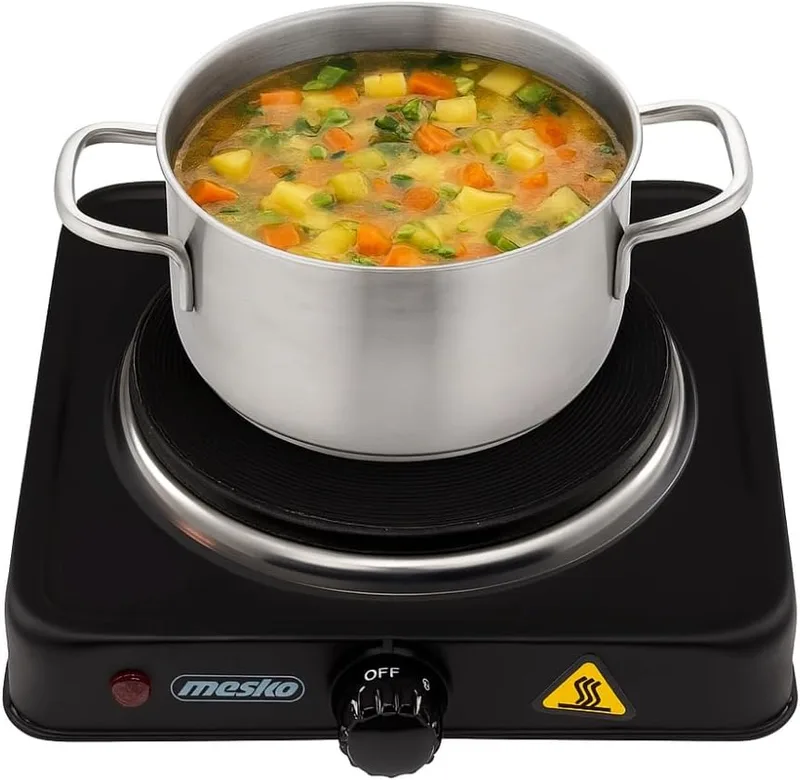 Mesko ▫️ MS 6508 MS-6508 Fogão elétrico, regulador de temperatura, compacto, para viagens e campismo, 154 mm, 1000 W, preto, 1000 W, alumínio