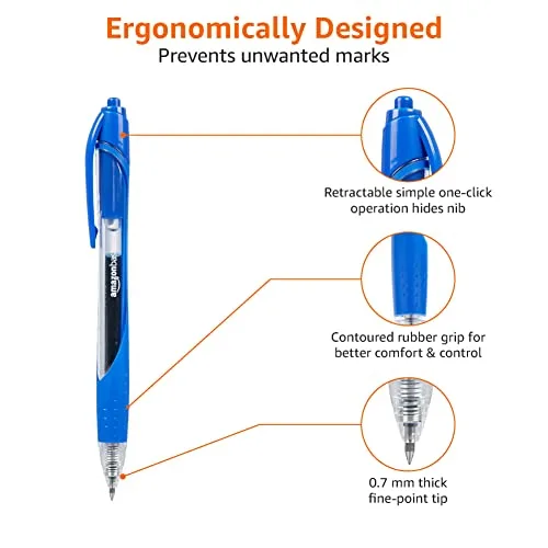 Amazon Basics ▫️ Canetas retráteis de tinta gel com pega em borracha, secagem rápida, ideais para a escola e para o escritório, ponta fina (0,7 mm), azuis, embalagem de 12 unidades 5