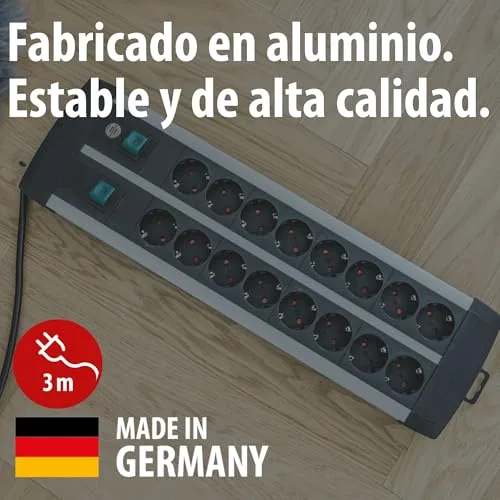 Brennenstuhl ▫️ Premium-ALU-Line, extensão com 16 tomadas – extensão múltipla de 3 m em alumínio (extensão para montagem na parede com 2 interruptores, cada um com 8 tomadas, fabricada na Alemanha) 2