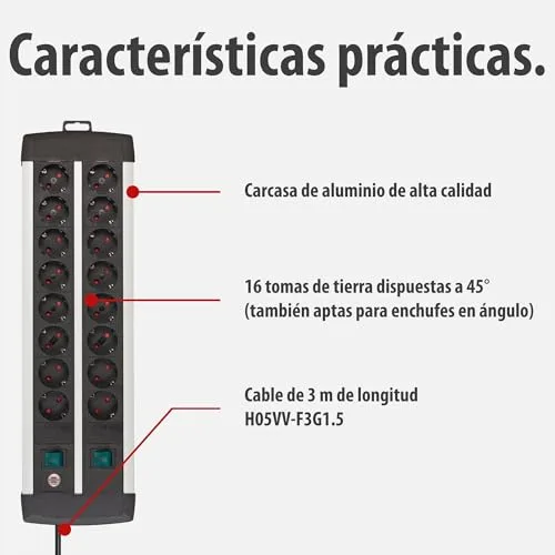 Brennenstuhl ▫️ Premium-ALU-Line, extensão com 16 tomadas – extensão múltipla de 3 m em alumínio (extensão para montagem na parede com 2 interruptores, cada um com 8 tomadas, fabricada na Alemanha) 3