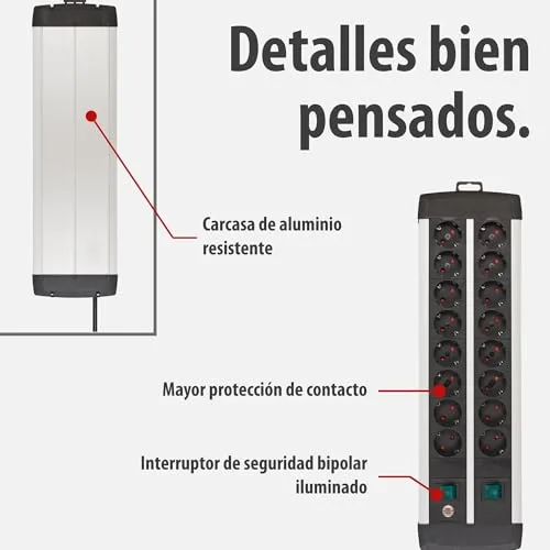 Brennenstuhl ▫️ Premium-ALU-Line, extensão com 16 tomadas – extensão múltipla de 3 m em alumínio (extensão para montagem na parede com 2 interruptores, cada um com 8 tomadas, fabricada na Alemanha) 4
