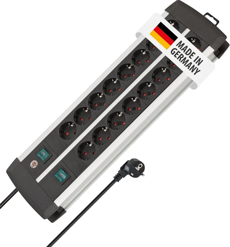 Brennenstuhl ▫️ Premium-ALU-Line, extensão com 16 tomadas – extensão múltipla de 3 m em alumínio (extensão para montagem na parede com 2 interruptores, cada um com 8 tomadas, fabricada na Alemanha)