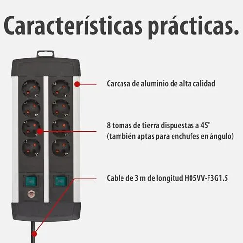 Brennenstuhl ▫️ Premium-ALU-Line: extensão com 8 tomadas e interruptor individual (extensão para montagem na parede, cabo de 3 m, 2 interruptores iluminados, fabricada na Alemanha) 3