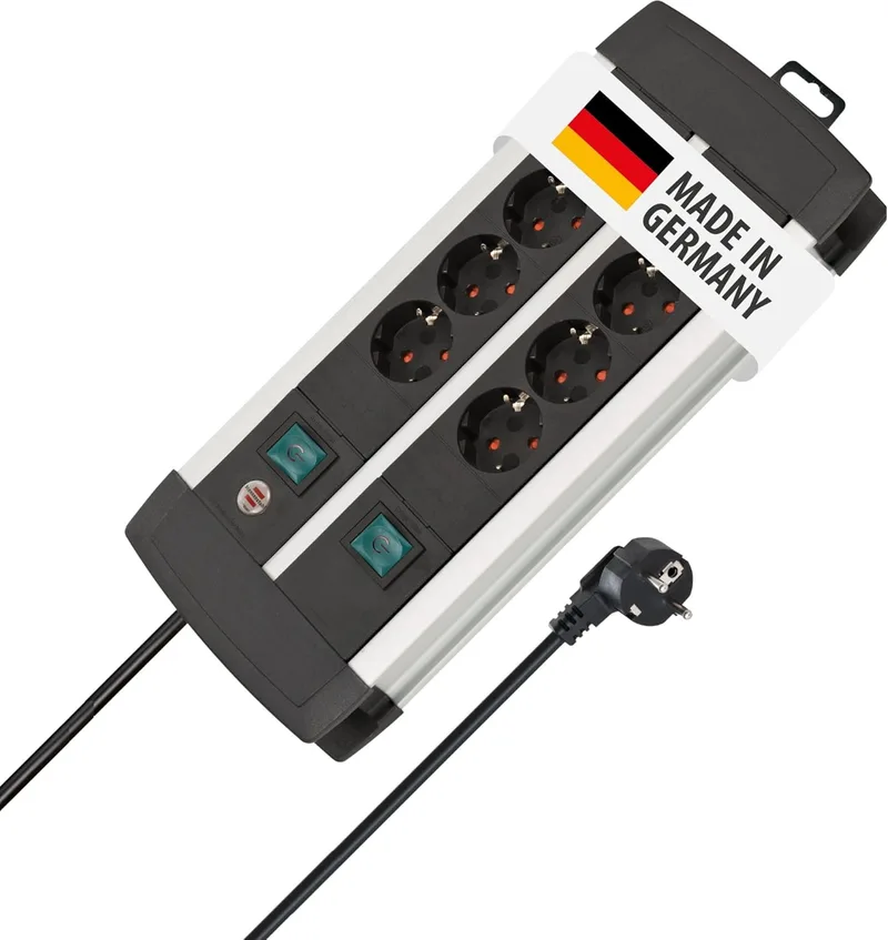 Brennenstuhl ▫️ Premium-ALU-Line: extensão com 8 tomadas e interruptor individual (extensão para montagem na parede, cabo de 3 m, 2 interruptores iluminados, fabricada na Alemanha)
