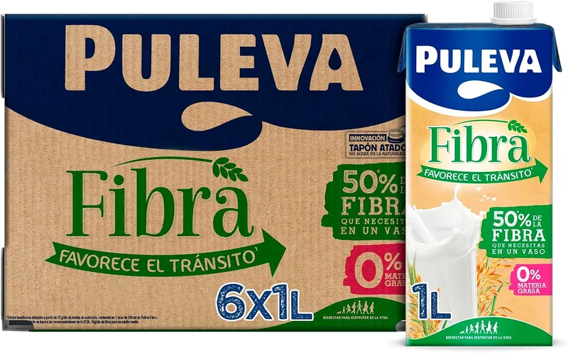 Puleva ▫️ Leite com fibras de chicória e aveia, bebida láctea, promove o trânsito intestinal e a digestão, cálcio e vitaminas, 50% de fibra diária por chávena, embalagem de 6 x 1 litro