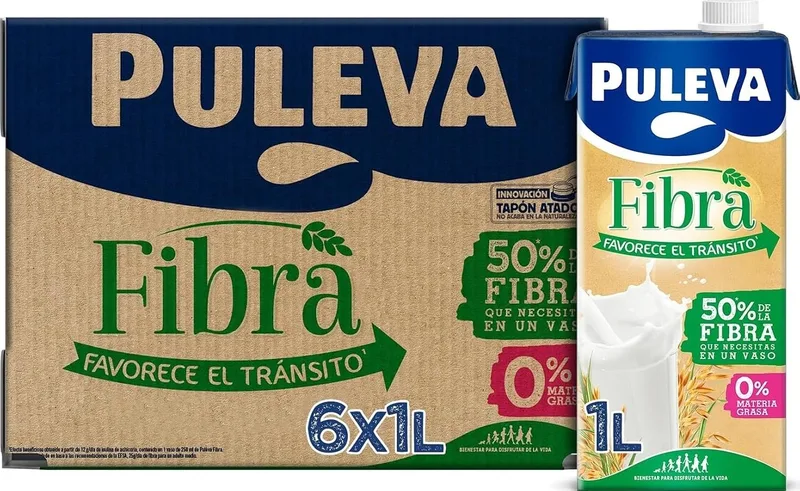 Puleva ▫️ Leite com Fibra de Chicória e Aveia, Bebida Láctea, Favorece o Trânsito Intestinal e a Digestão, Cálcio e Vitaminas, 50% da Dose Diária de Fibra por Copo, Embalagem de 6 x 1 Litro