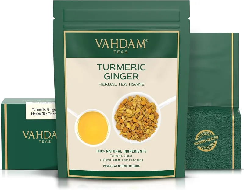 VAHDAM ▫️ Chá de curcuma e gengibre (100 g) : Chá de ervas : sem cafeína : Infusão de chá de ervas : Ingredientes 100% naturais