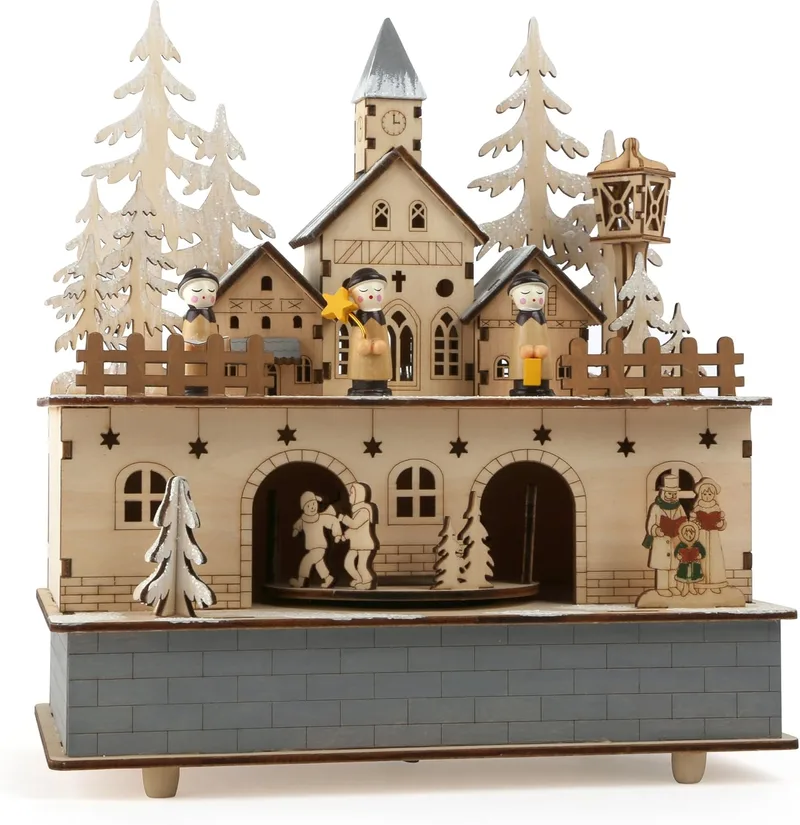 small foot ▫️ Little Village - Caixa de música e candeeiro (madeira, 24 x 21 x 11 cm), design da Little Village