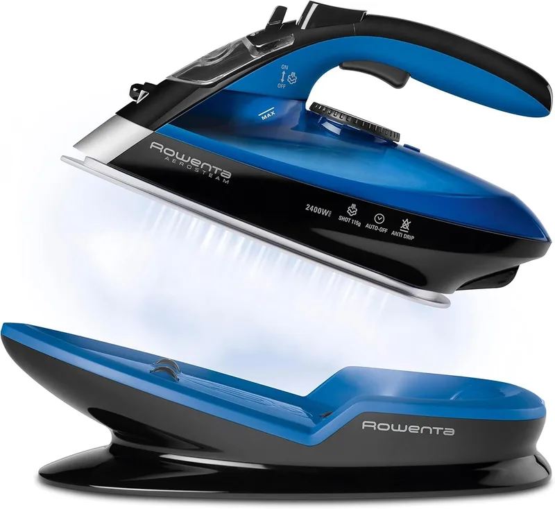Rowenta ▫️ Freemove, ferro sem fios com curso de vapor 115 g/min, 250 ml, base laser Microsteam 400, desligamento automático e anti-calcário, todos os tecidos, Azul/Preto, DE5010