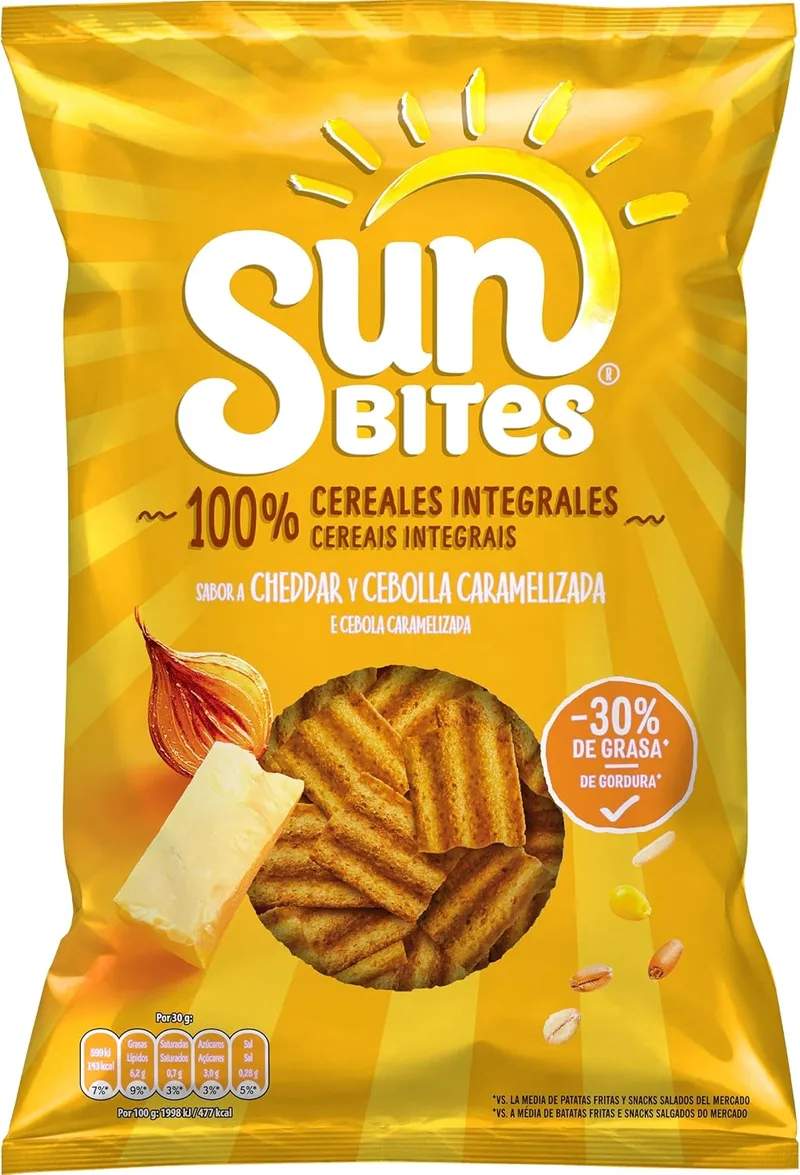 Sunbites ▫️ Snack ondulado com sabor a cheddar e cebola caramelizada, com 100% de cereais integrais, Produto de aperitivo, Snack em embalagem individual de 95 g