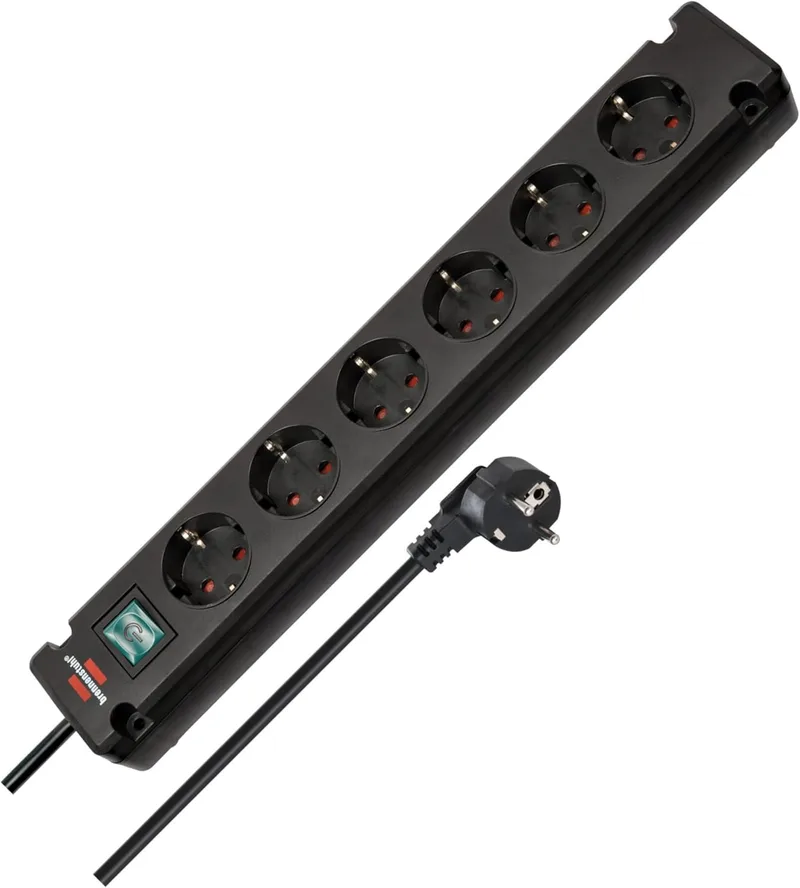 Brennenstuhl ▫️ Bremounta - Extensão com 6 tomadas e interruptor (extensão com tomadas a 90 graus, extensão com opção de montagem e cabo de 3 m) Preto