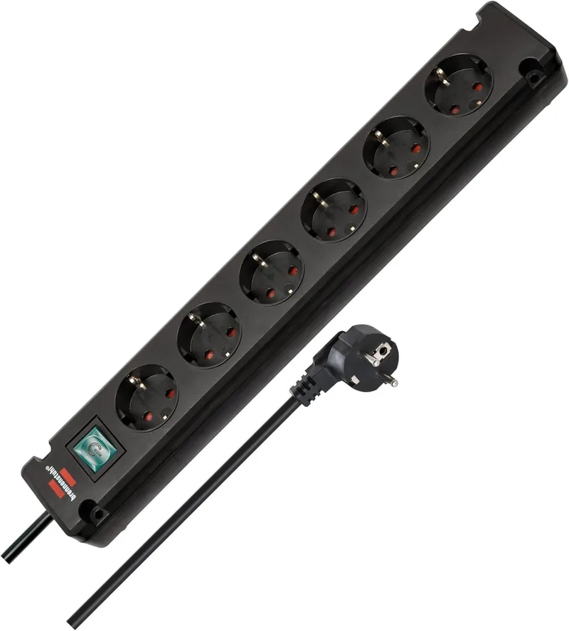 Brennenstuhl ▫️ Bremounta - Extensão com 6 tomadas e interruptor (extensão com tomadas a 90 graus, extensão com opção de montagem e cabo de 3 m) Preto