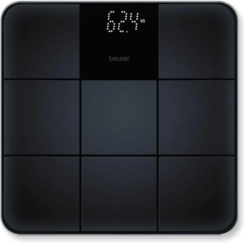 Beurer ▫️ GS 235 Balança de vidro, balança digital pessoal com ecrã «mágico», superfície antiderrapante e elegante com acabamento em azulejo mate, ligar e desligar automático, preta