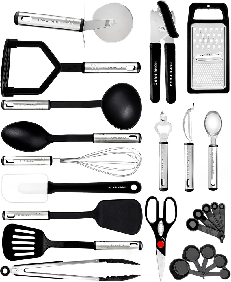 Home Hero ▫️ Utensílios de cozinha resistentes ao calor e antiaderentes - Conjunto de espátulas, colheres, conchas, pinças e tesouras (conjunto de 25 peças em nylon)