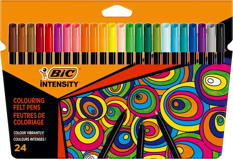 BIC ▫️ Intensity, Marcadores de ponta fina (0,9 mm), cores variadas de longa duração, embalagem de 24 unidades.