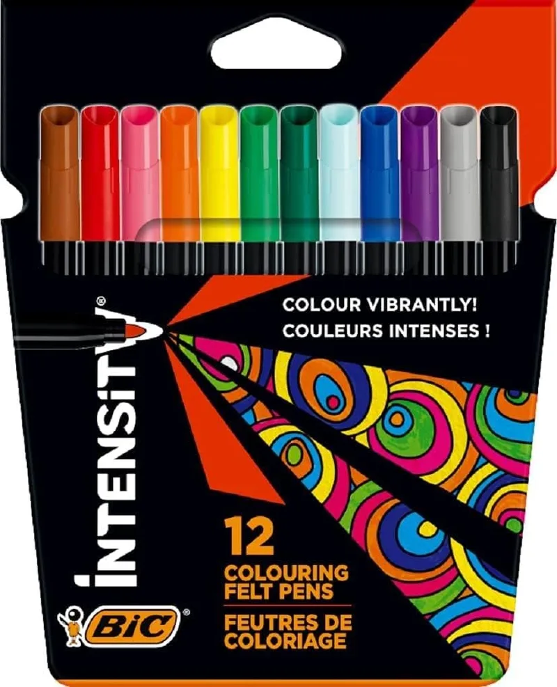 BIC ▫️ Intensity, caneta de tinta lavável de longa duração, ponta fina resistente (0,9 mm), cores sortidas, embalagem de 12 unidades.