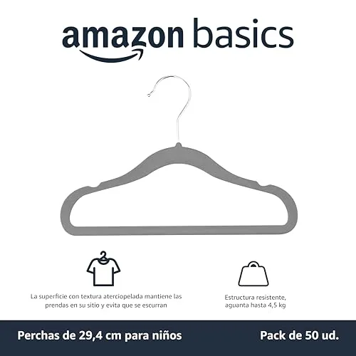 Amazon Basics ▫️ Cabides de veludo antiderrapantes para crianças e bebés, 29,46 cm, embalagem de 50, cinzento 2