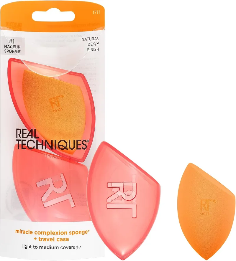 REAL TECHNIQUES ▫️ Miracle Complexion Sponge & Travel - Esponja de aplicação com estojo, laranja