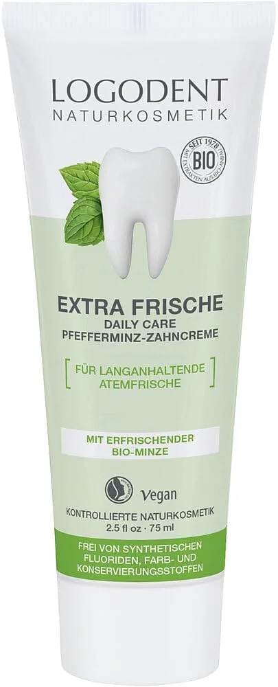 LOGONA Naturkosmetik ▫️ Pasta de dentes LOGODENT Naturkosmetik Extra Fresco Daily Care, com camomila biológica e óleo de menta biológico, para manter as gengivas saudáveis, vegan, 1 x 75 ml
