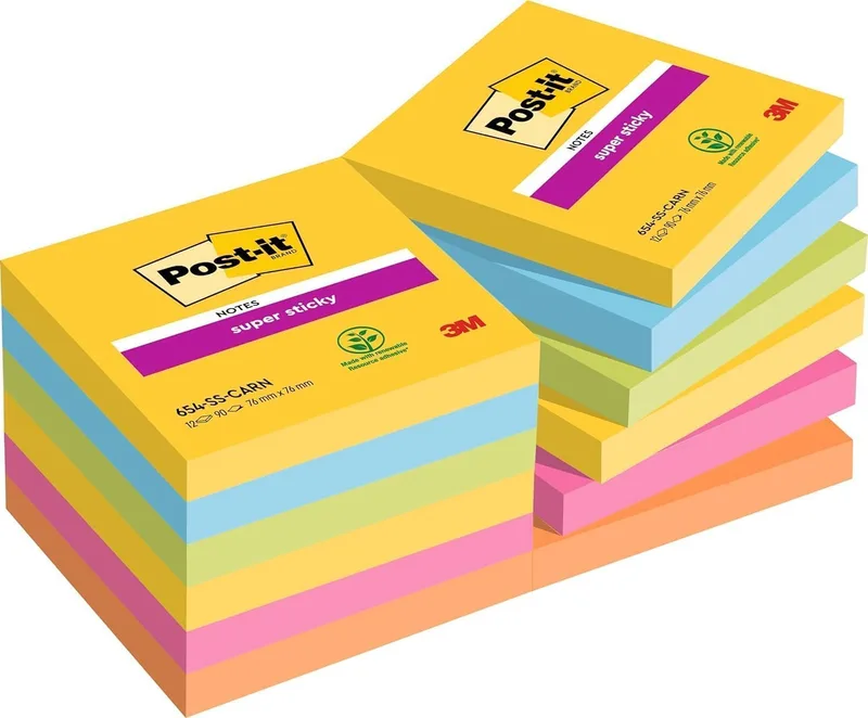 Post-It ▫️ Super Sticky Coleção Carnival Color - Embalagem de 12 blocos, 90 folhas por bloco (76 mm x 76 mm) - Amarelo, Verde e Rosa - Notas autocolantes para listas de tarefas e lembretes